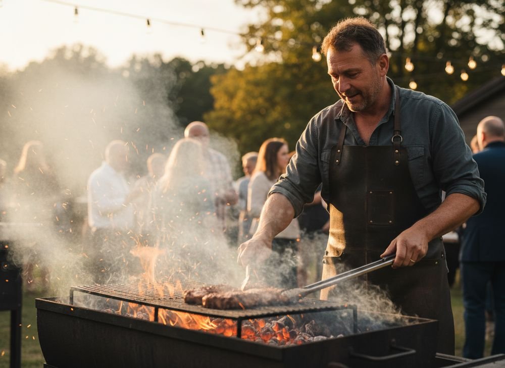 A SizzleSpark pitmaster tending a smoking charcoal grill