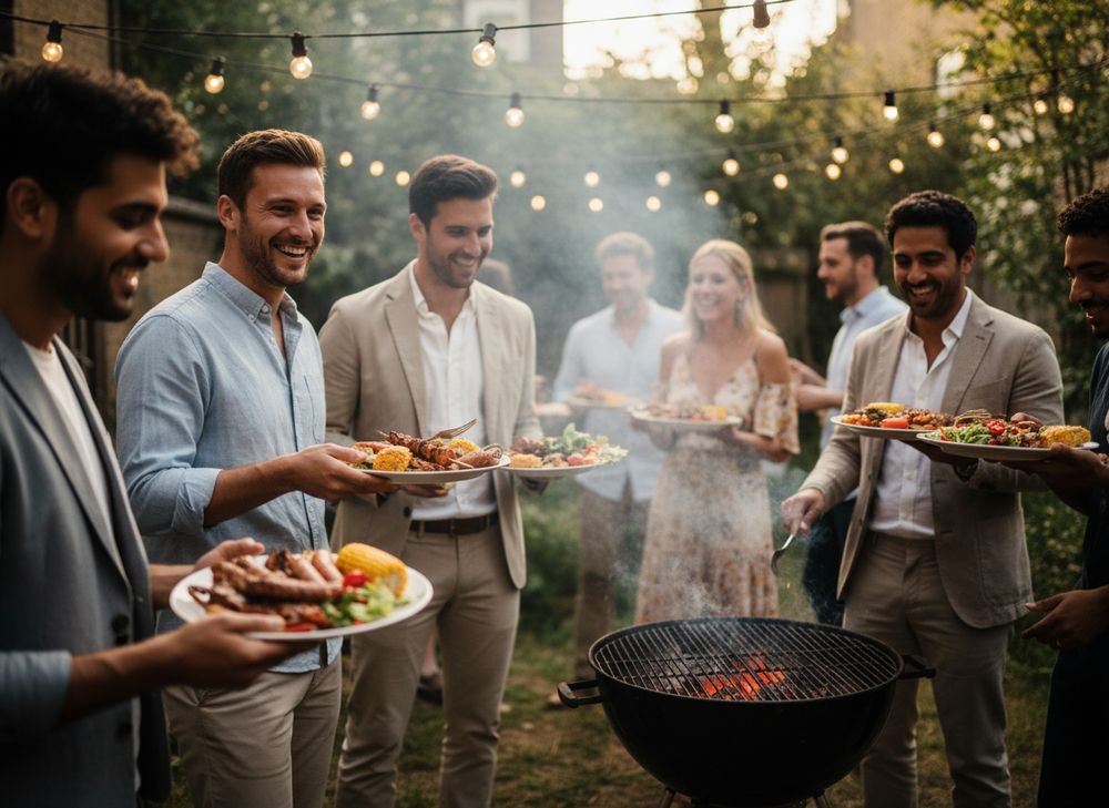 Guests enjoying BBQ plates at a summer garden party