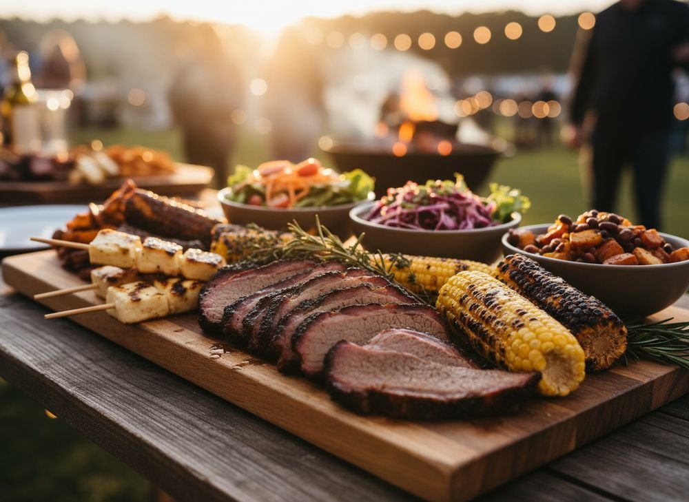 Sliced smoked brisket, charred corn and grilled halloumi skewers