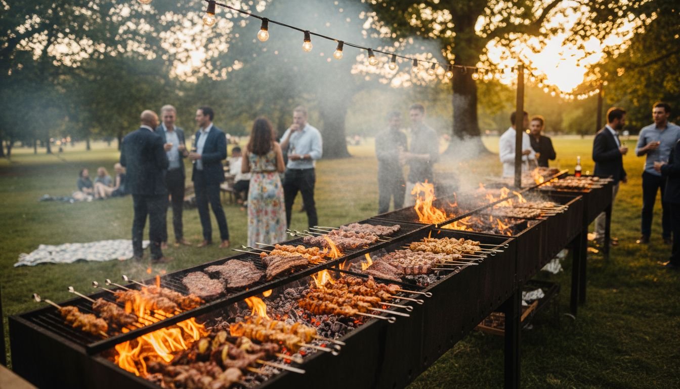 A live-fire BBQ cooking skewers and brisket at a summer park event